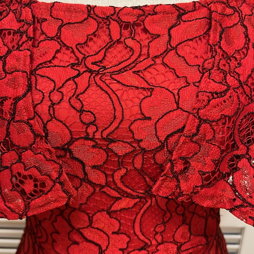GB Dress~ Elegant Red Lace Off-Shoulder in Red with Black, Size XS, EUC - Picture 4 of 17
